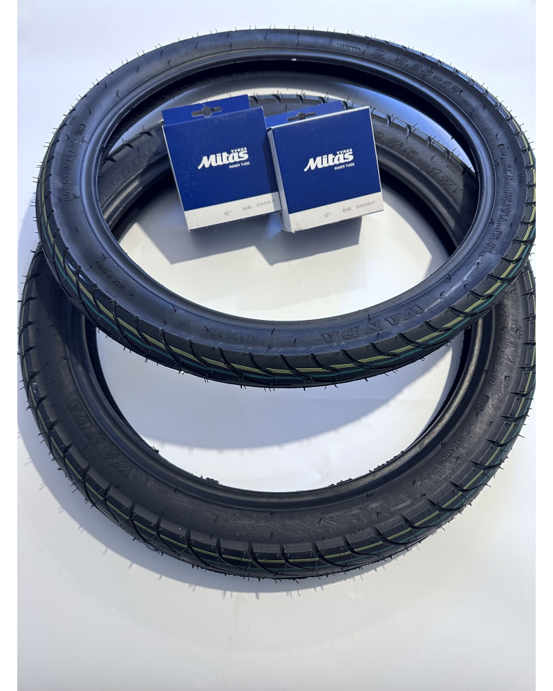 Pack 2 pneus + 2 chambres a air / Peugeot 103 et MBK 51 ( 17 pouces 1/4 et 3/4 )