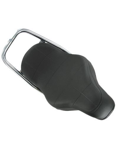Selle Peugeot 103 type chopper noire avec marquage Peugeot et dosseret chromé