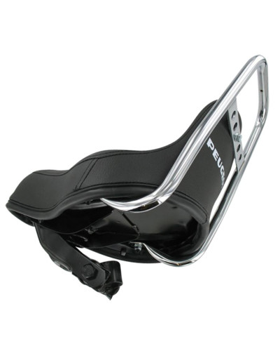 Selle Peugeot 103 type chopper noire avec marquage Peugeot et dosseret chromé