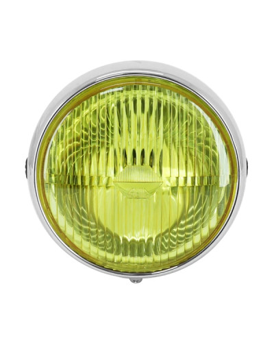 Phare rond universel noir entourage chrome vitre jaune diamètre 140 mm BA20d