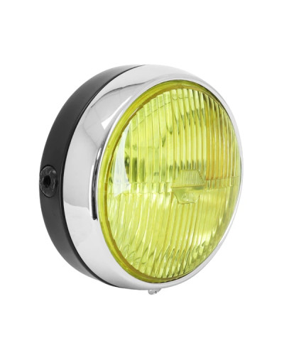 Phare rond universel noir entourage chrome vitre jaune diamètre 140 mm BA20d