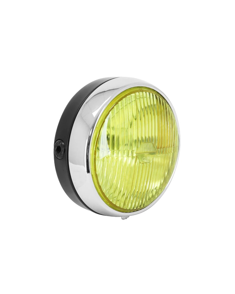Phare rond universel noir entourage chrome vitre jaune diamètre 140 mm BA20d