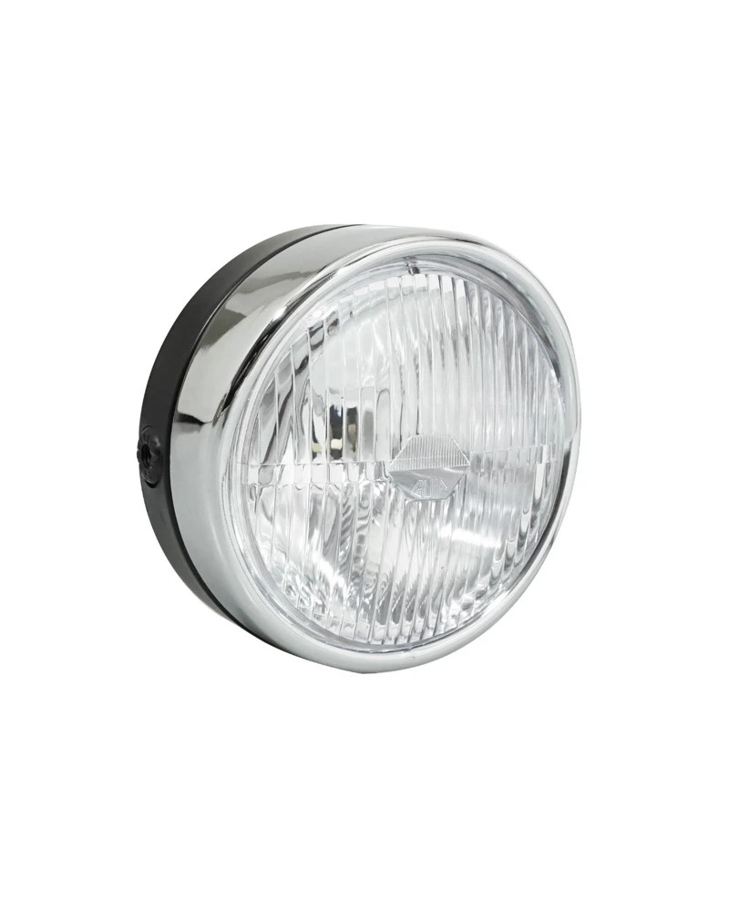 Phare projecteur Peugeot MBK rond 140 mm noir avec casquette chromée BA20D