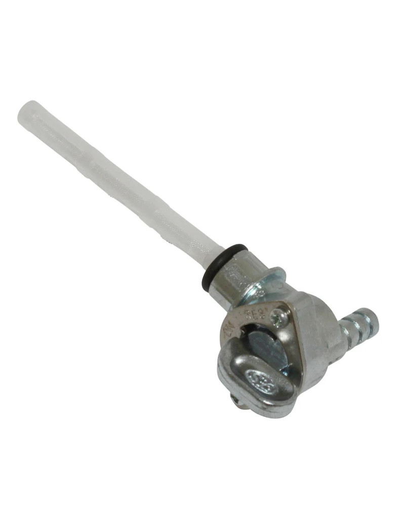 Robinet d’essence 3 positions Derbi Senda GPR fixation 15 mm sortie arrière 90 degrés diamètre 8 mm