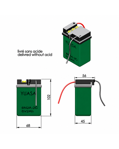 Batterie Yuasa 6N2A-2C 6V 2Ah Classic livrée sans acide