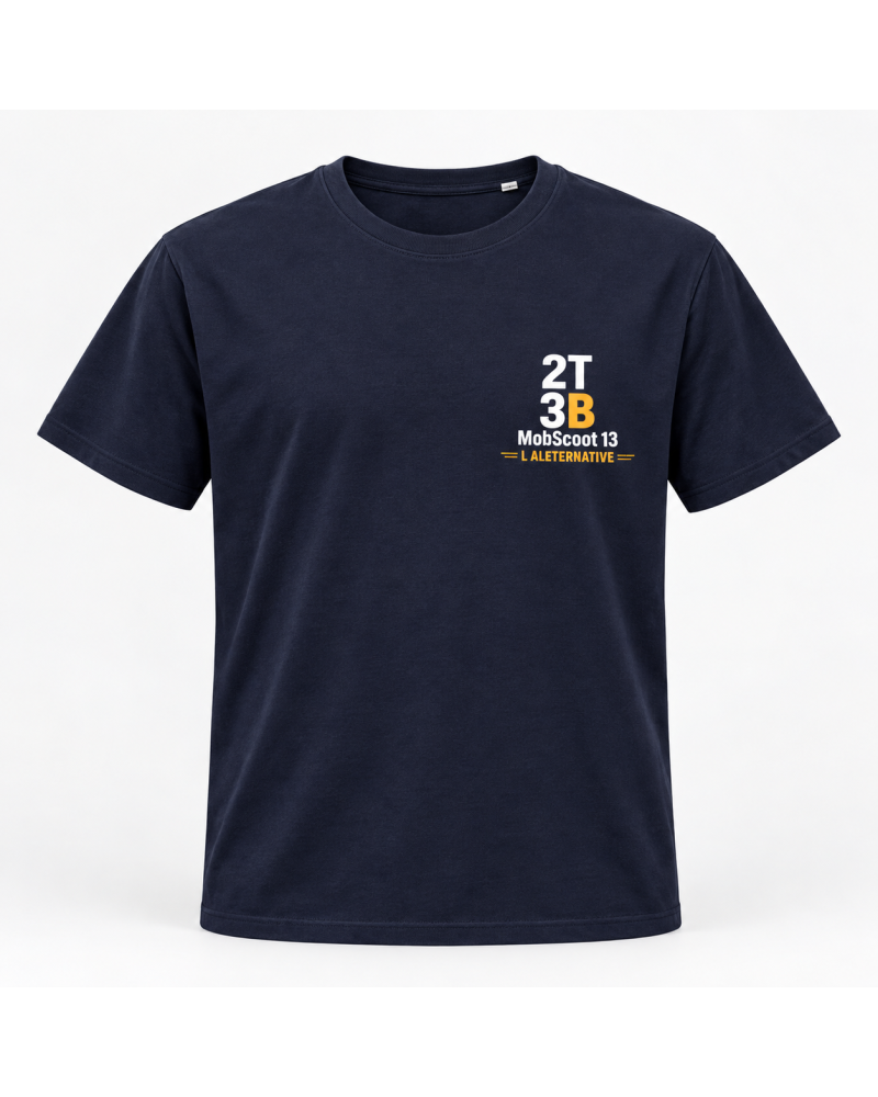 T-shirt bleu marine 2T3B MobScoot 13 L’Alternative taille 3XL avec logo avant et visuel dos