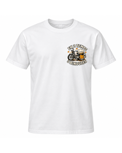 T-shirt blanc En 2 Temps 3 Binouzes avec visuel avant mobylette et chope
