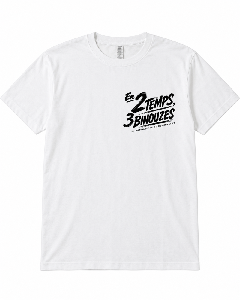 T-shirt blanc En 2 Temps 3 Binouzes MobScoot 13 L’Alternative taille S avec logo noir côté cœur
