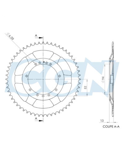 Couronne 56 dents MBK 51 Motobécane roue à rayons alésage 94 mm 11 trous pas 415